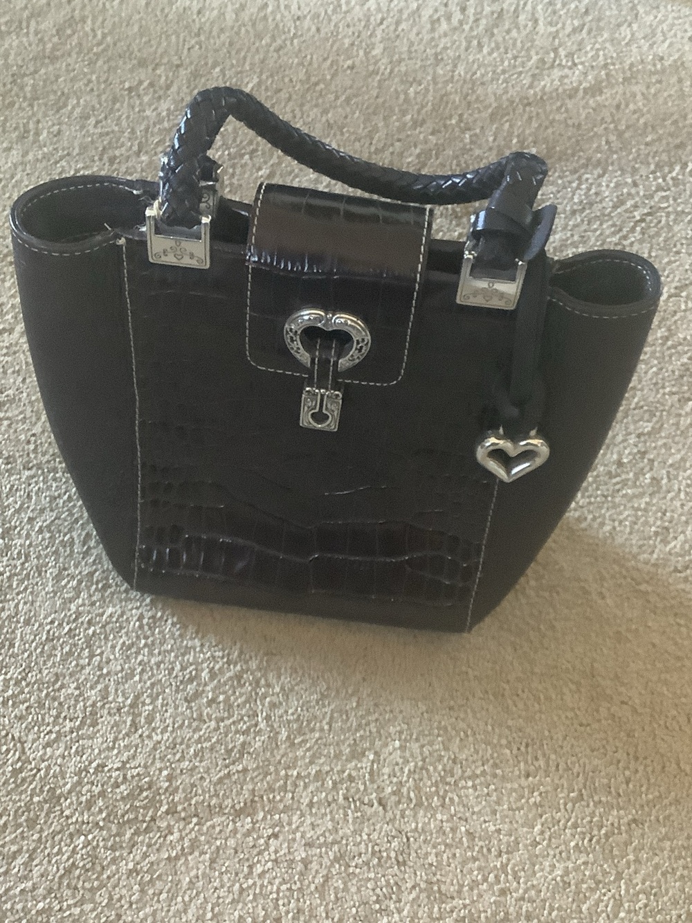 Brighton Black Croc-Embossed Tote with Heart Lock Charm